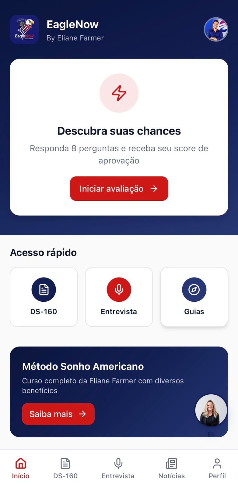 EagleNow, Tela inicial do app
